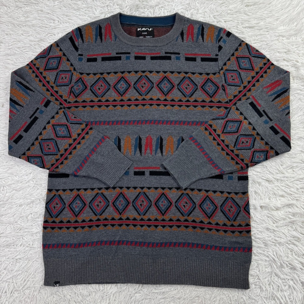 Kavu Sweater Mens Large Gray Aztec Southwest Geometric Crewneck Pullover Casual